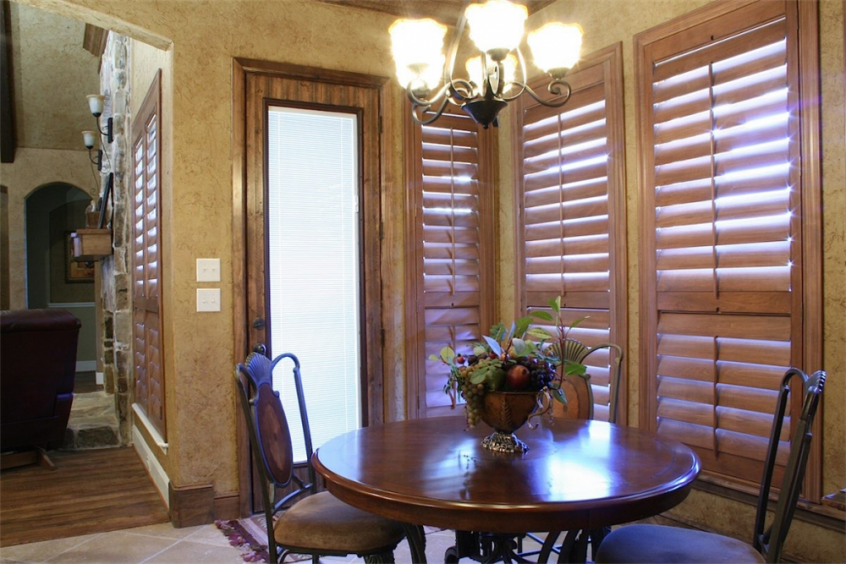 beautiful brown dining room shutters - san diego shutters