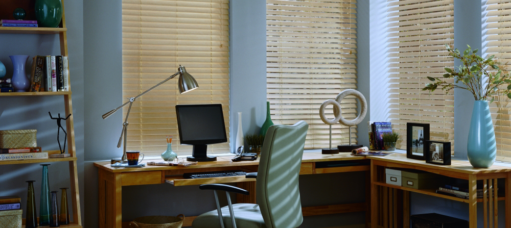 tan blinds & home office desk - Southern California Window Coverings