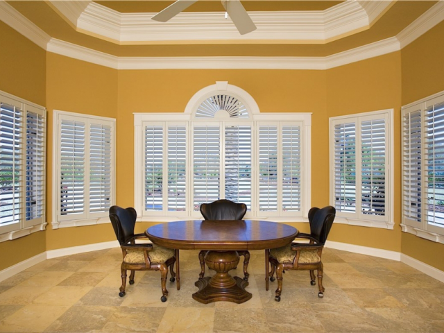 White Shutters in dining room - Southern California Window Coverings